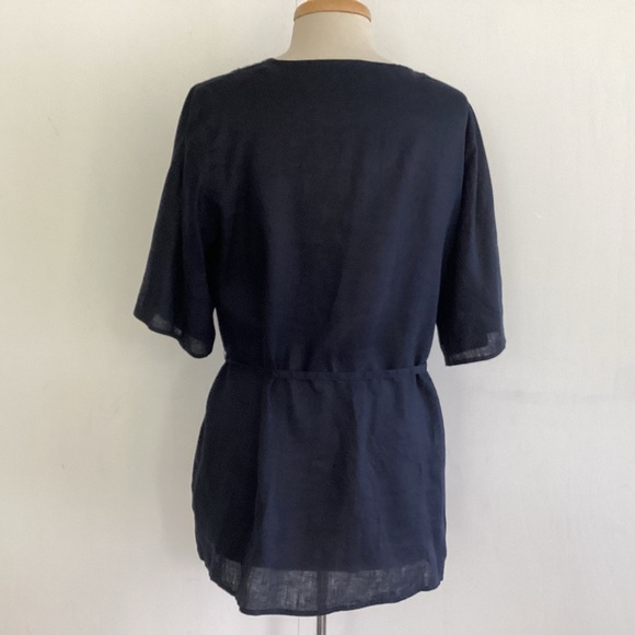 Japanese luxury brand navy linen/lace placard front button self tie short top 6 - Picture 5 of 10